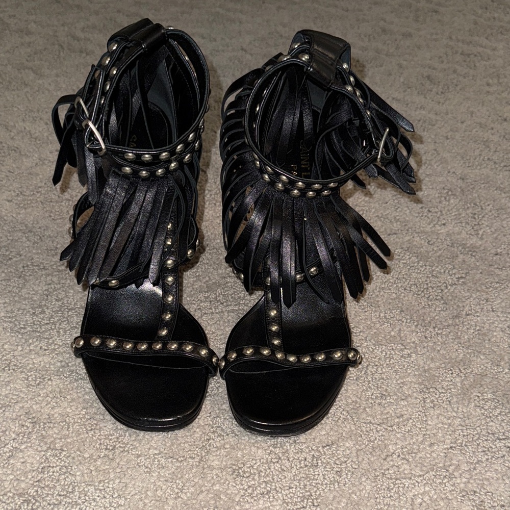 Saint Laurent blk Leather Fringe silver Studded Women's Sandals size 36